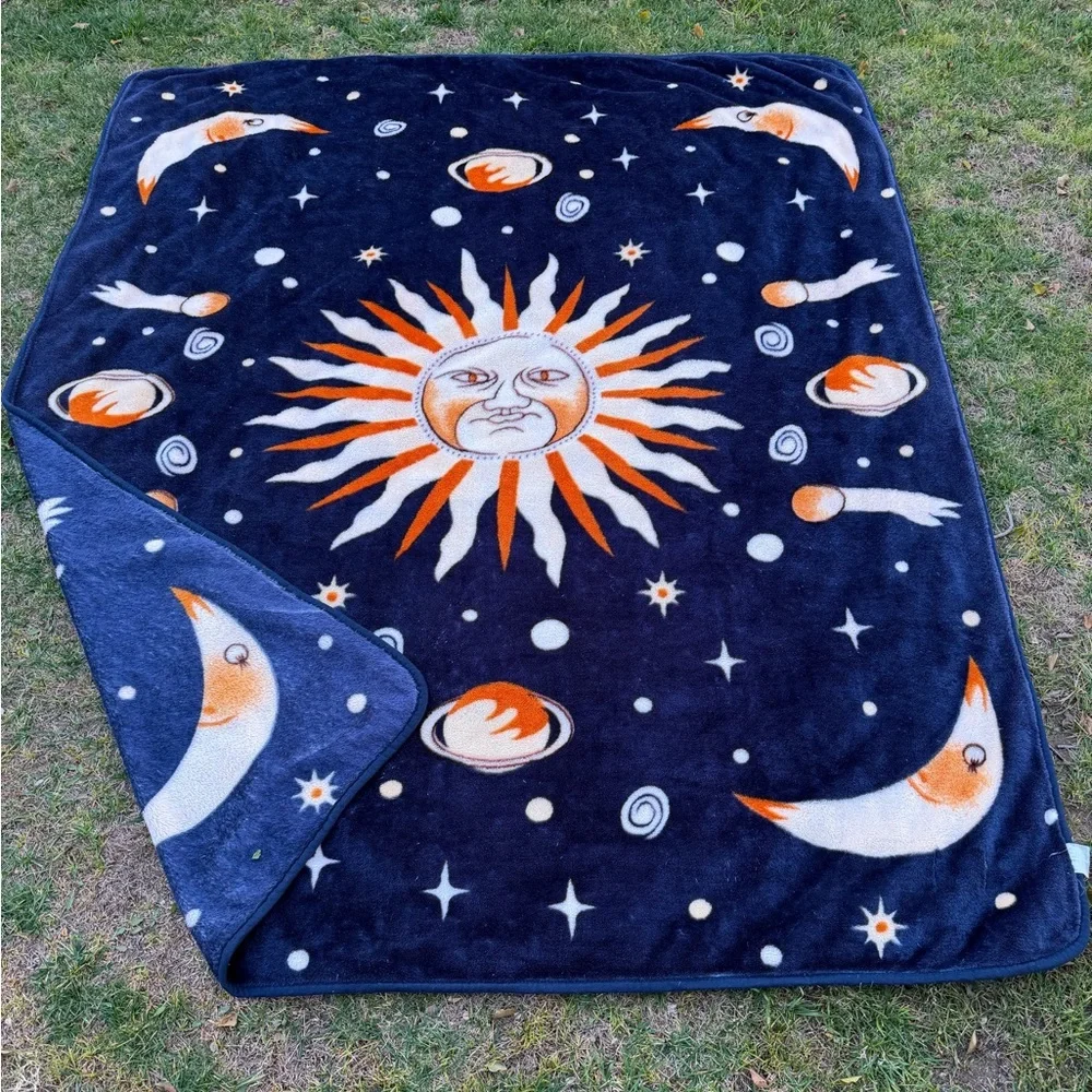 VTG Celestial Sunface Moon Stars Planets Cosmos Plush Blanket Whimsigoth 80x97